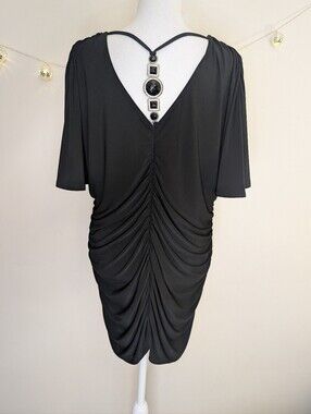 Vtg Black Ruched Dress with Back Jewelry Detail